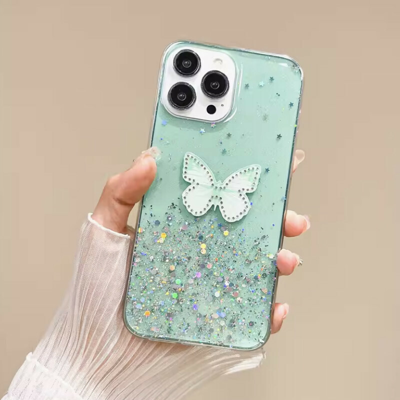 New Gradient Rhinestone Butterfly Suitable for iPhone Case [Green Starry Sky Glitter + Gradient Rhinestone Butterfly] [Contact customer service to confirm the phone model after placing the order]