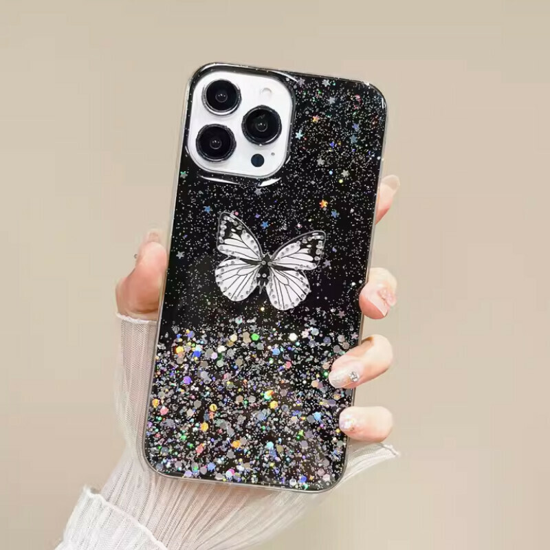 New Gradient Rhinestone Butterfly Suitable for iPhone Case [Black Starry Sky Glitter + Gradient Rhinestone Butterfly] [Contact customer service to confirm the phone model after placing the order]
