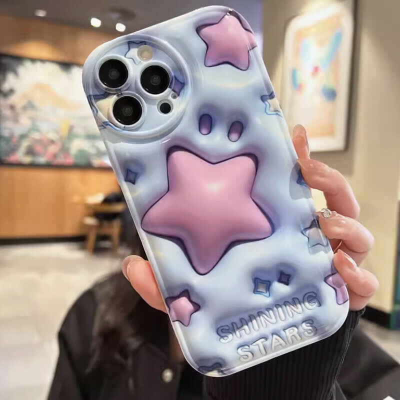 New Qingpu 3D visual sense suitable for iPhone mobile phone case [blue background five-pointed star (flat 3D visual diagram - air cushion soft shell)] [contact customer service after placing the order to confirm the mobile phone model]