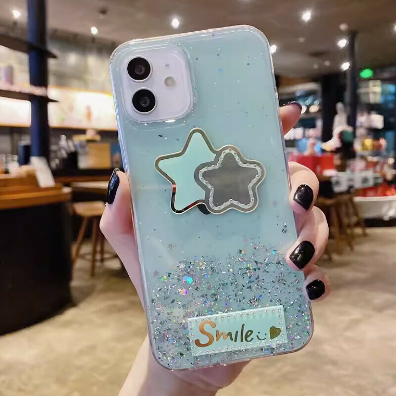 New electroplated rhinestone five-pointed star suitable for iPhone mobile phone case [green glue starry sky + rhinestone five-pointed star] [contact customer service after placing the order to confirm the phone model]