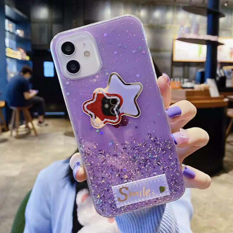 New electroplated rhinestone five-pointed star suitable for iPhone mobile phone case [purple glue starry sky + rhinestone five-pointed star] [contact customer service after placing the order to confirm the phone model]