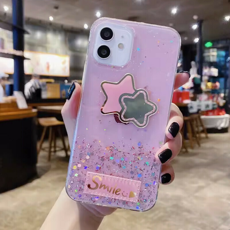New electroplated rhinestone five-pointed star suitable for iPhone mobile phone case [pink glue starry sky + rhinestone five-pointed star] [contact customer service after placing the order to confirm the phone model]
