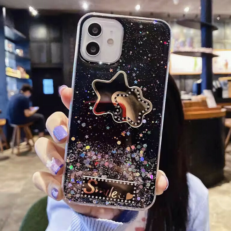 New electroplated rhinestone five-pointed star suitable for iPhone mobile phone case [black glue starry sky + rhinestone five-pointed star] [contact customer service after placing the order to confirm the phone model]