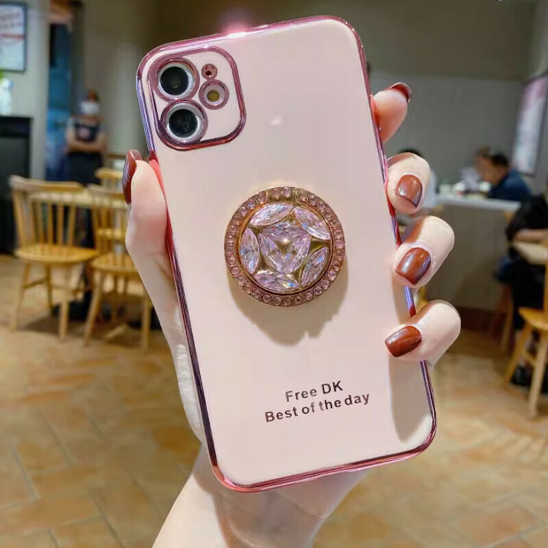 New electroplated solid color iPhone case [Electroplated cherry blossom pink + rhinestone stand] [Contact customer service to confirm the phone model after placing the order]