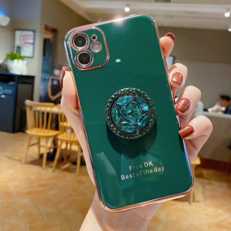New electroplated solid color iPhone case [Electroplated emerald + rhinestone stand] [Contact customer service to confirm the phone model after placing the order]