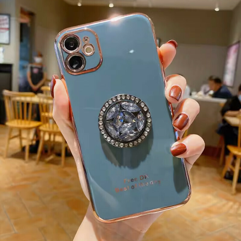 New electroplated solid color iPhone case [electroplated granny gray + rhinestone stand] [contact customer service to confirm the phone model after placing the order]