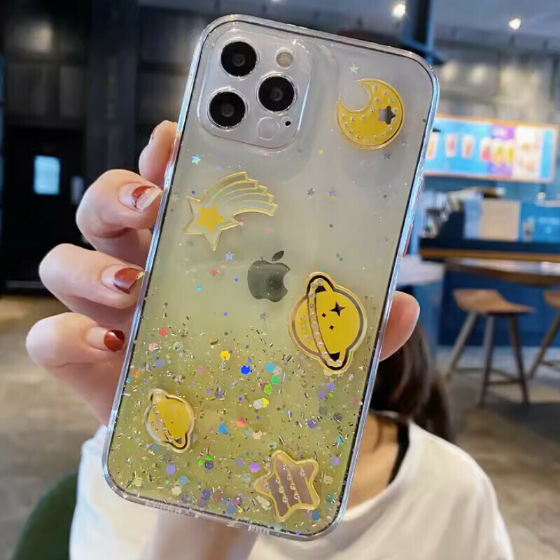 New rhinestone electroplated space planet suitable for iPhone mobile phone case [gradient yellow fine hole glitter + rhinestone planet] [contact customer service after placing the order to confirm the phone model]