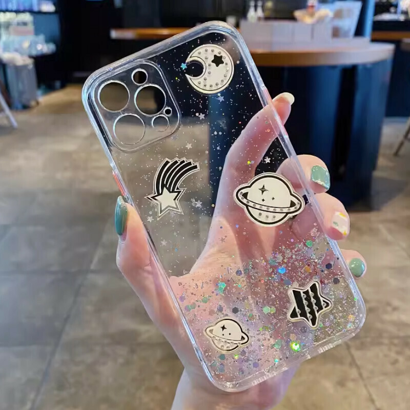 New rhinestone electroplated space planet suitable for iPhone mobile phone case [fully transparent fine hole glitter + rhinestone planet] [contact customer service after placing the order to confirm the phone model]