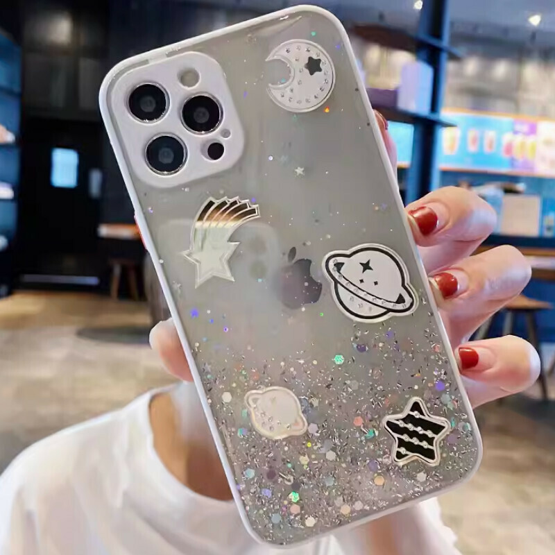 New rhinestone electroplated space planet suitable for iPhone mobile phone case [white edge transparent fine hole glitter + rhinestone planet] [contact customer service after placing the order to confirm the phone model]
