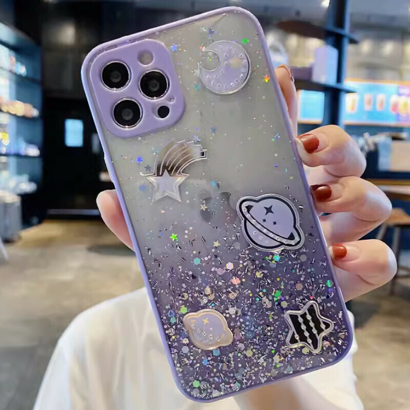 New rhinestone electroplated space planet suitable for iphone mobile phone case [gradient violet fine hole glitter + rhinestone planet] [contact customer service after placing the order to confirm the phone model]