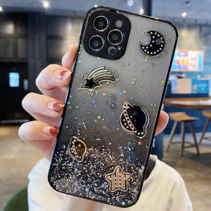 New rhinestone electroplated space planet suitable for iPhone mobile phone case [gradient black fine hole glitter + rhinestone planet] [contact customer service after placing the order to confirm the phone model]