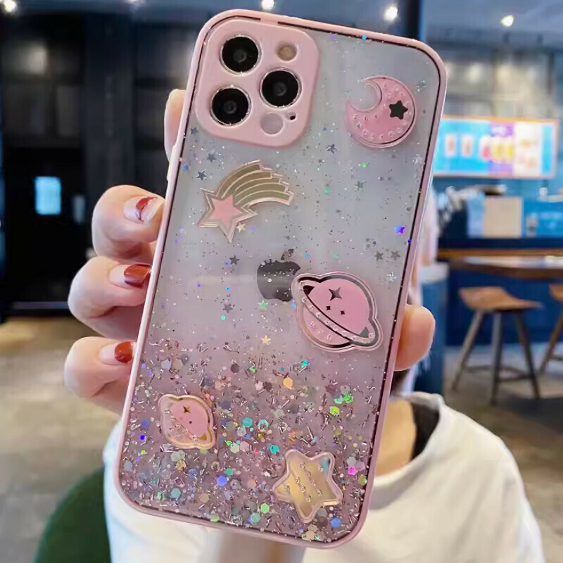New rhinestone electroplated space planet suitable for iPhone mobile phone case [gradient pink fine hole glitter + rhinestone planet] [contact customer service after placing the order to confirm the phone model]