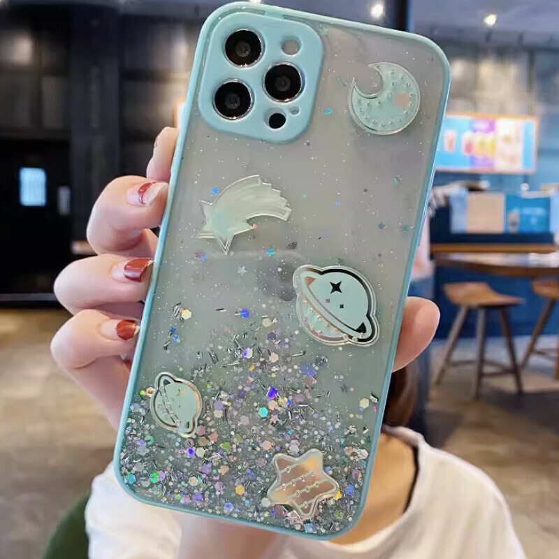 New rhinestone electroplated space planet suitable for iPhone mobile phone case [gradient green fine hole glitter + rhinestone planet] [contact customer service after placing the order to confirm the phone model]
