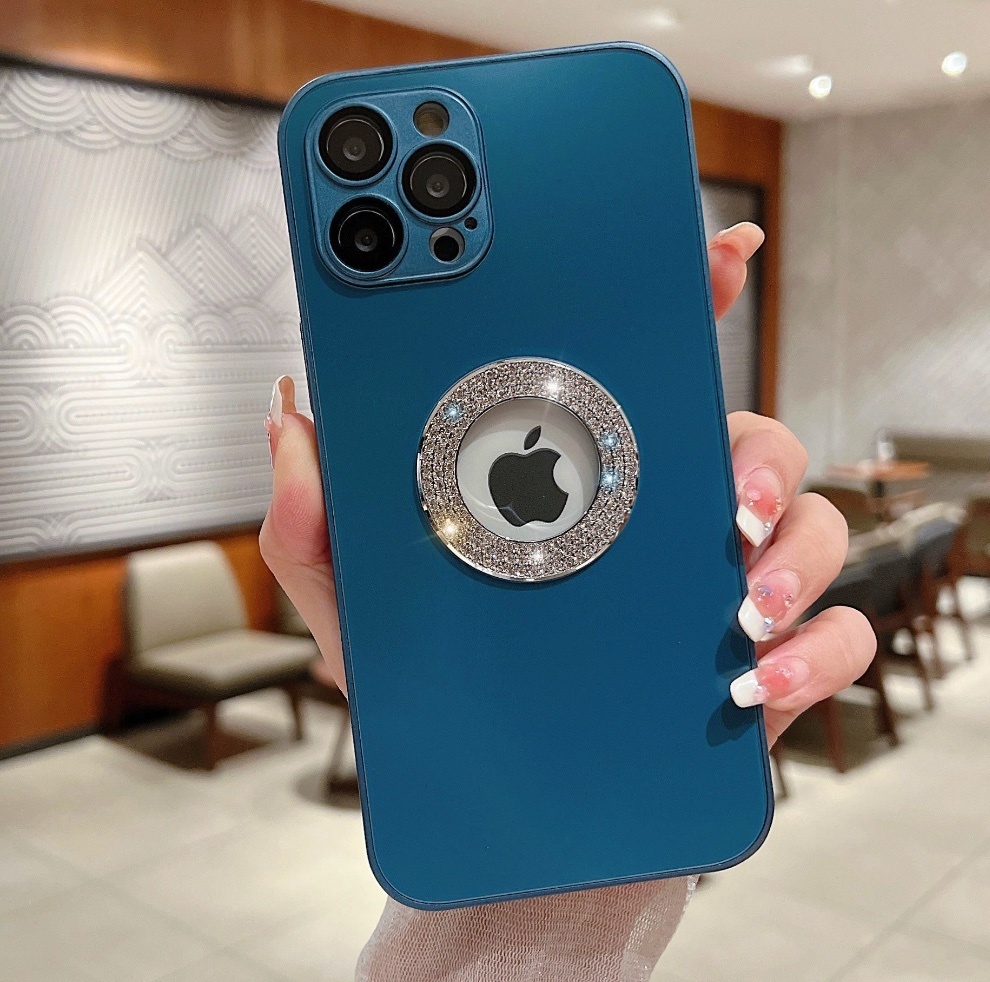 The new all-inclusive glass diamond is suitable for iPhone series mobile phone cases (dark blue) (contact customer service to confirm the phone model after placing the order)