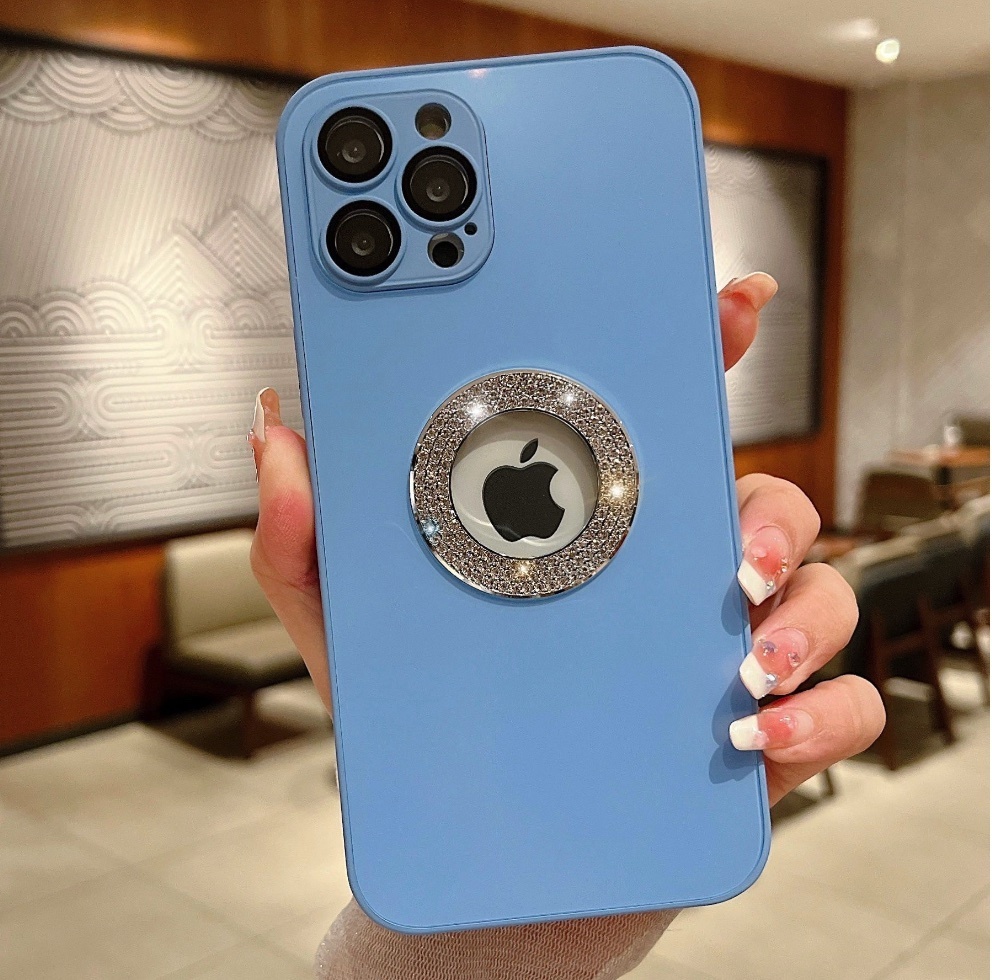 The new all-inclusive glass diamond is suitable for iPhone series mobile phone cases (sky blue) (contact customer service to confirm the phone model after placing the order)