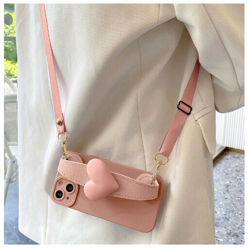 The new mobile phone case is suitable for Apple 14/iPhone 13 [pink big love wristband + crossbody cord] (contact customer service to confirm the phone model after placing the order)