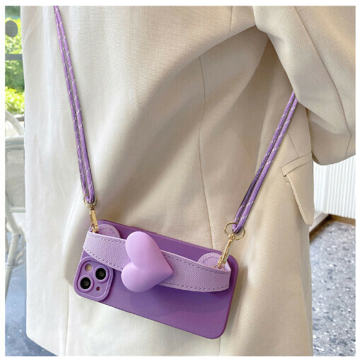 The new mobile phone case is suitable for Apple 14/iPhone 13 [Purple Big Heart Wristband + Crossbody Strap] (Contact customer service to confirm the phone model after placing the order)