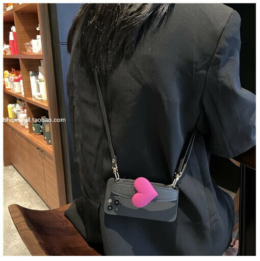 The new mobile phone case is suitable for Apple 14/iPhone 13 [black big love wristband + crossbody cord] (contact customer service to confirm the phone model after placing the order)