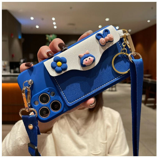 The new mobile phone case is suitable for Apple 13/mate30pro Honor 60 [card holder-girl + diagonal hanging (blue)] (contact customer service to confirm the phone model after placing the order)