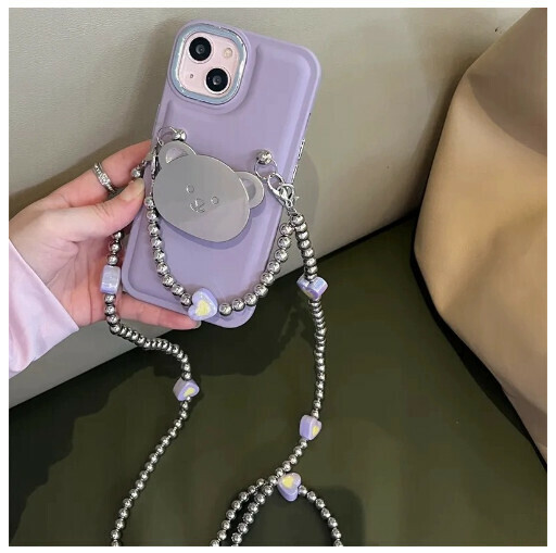 The new mobile phone case is suitable for iPhone 14 Promax Apple 13 [purple bread case + silver bear stand + crossbody chain] (contact customer service to confirm the mobile phone model after placing the order)
