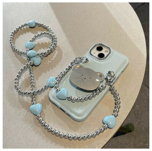 The new mobile phone case is suitable for iPhone 14 Promax Apple 13 [blue bread case + silver bear bracket + crossbody chain] (contact customer service to confirm the mobile phone model after placing the order)
