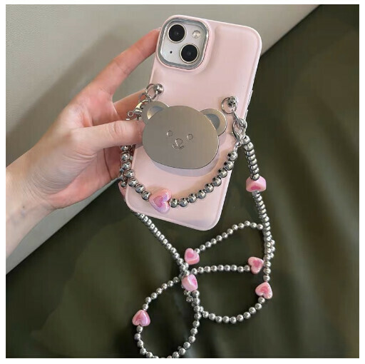 The new mobile phone case is suitable for iphone14Promax Apple 13 [pink bread case + silver bear stand + crossbody chain] (contact customer service to confirm the mobile phone model after placing the order)