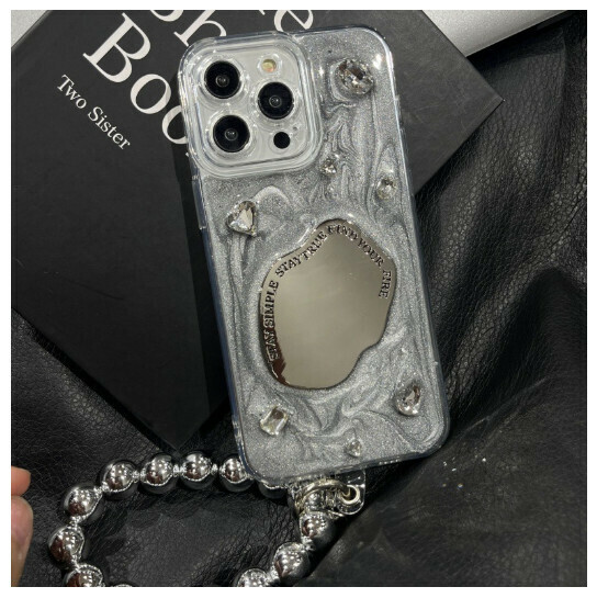 The new mobile phone case is suitable for iPhone 14 promax Apple 13 [silver mirror + silver bead chain] (contact customer service to confirm the phone model after placing the order)