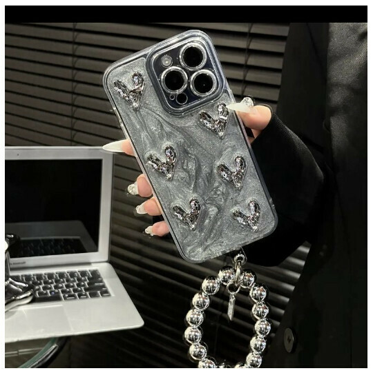 The new mobile phone case is suitable for iphone14promax apple 13 [silver five hearts + silver bead chain] (contact customer service to confirm the mobile phone model after placing the order)