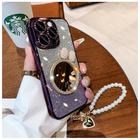The new mobile phone case is suitable for Apple 14promax/iPhone13 [dark purple + bow mirror + bracelet] (contact customer service to confirm the mobile phone model after placing the order)