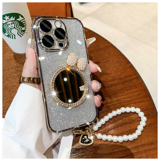 The new mobile phone case is suitable for Apple 14promax/iPhone13 [silver + bow mirror + bracelet] (contact customer service to confirm the mobile phone model after placing the order)