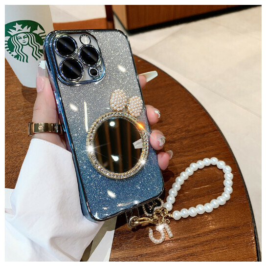 The new mobile phone case is suitable for Apple 14promax/iPhone13 [Yuanfeng Blue + Bow Mirror + Bracelet] (contact customer service to confirm the mobile phone model after placing the order)