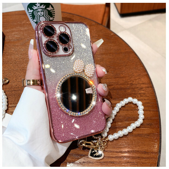 The new mobile phone case is suitable for Apple 14promax/iPhone13 [pink + bow mirror + bracelet] (contact customer service to confirm the mobile phone model after placing the order)