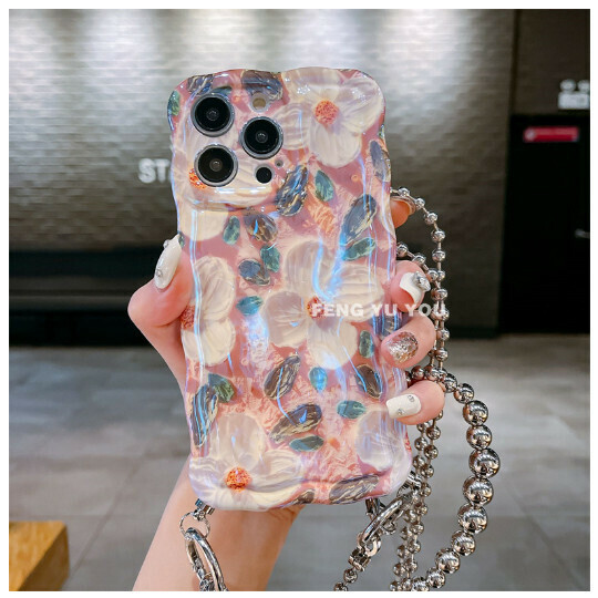 The new mobile phone case is suitable for iPhone 14 promax Apple 13/12 [blue light meridian pattern foundation flower + hand-held + silver beads lower corner nail cross-body] (contact customer service after placing the order to confirm the mobile phone model)