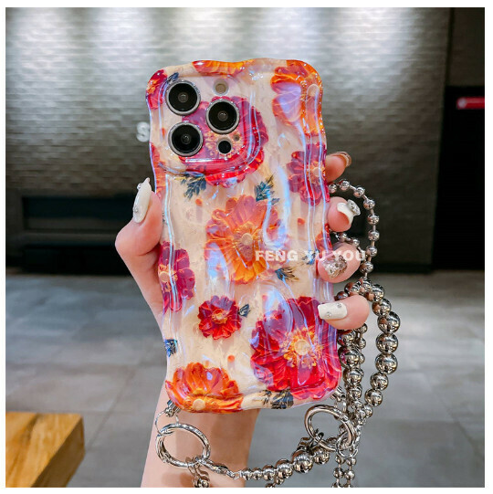 The new mobile phone case is suitable for iPhone 14 promax Apple 13/12 [blue light meridian red flower + hand-held + silver beads lower corner nail cross-body] (contact customer service after placing the order to confirm the mobile phone model)