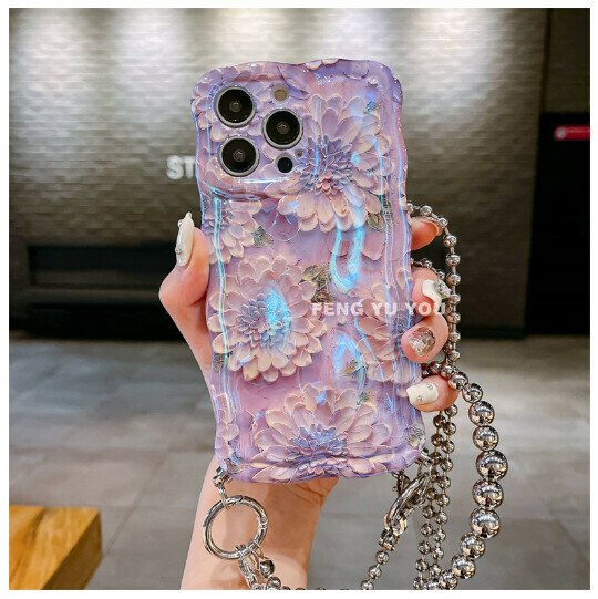 The new mobile phone case is suitable for iPhone 14promax Apple 13/12 [Blue light meteorite pattern purple daisy + handheld + silver beads lower corner nail crossbody] (contact customer service after placing the order to confirm the mobile phone model)