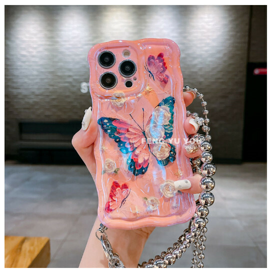 The new mobile phone case is suitable for iPhone 14promax Apple 13/12 [Blue light meteorite pattern butterfly + handheld + silver beads lower corner nail crossbody] (contact customer service after placing the order to confirm the mobile phone model)