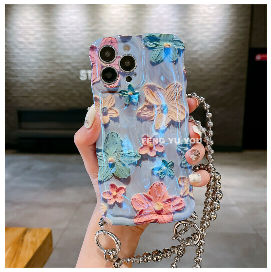 The new mobile phone case is suitable for iPhone 14 promax Apple 13/12 [blue light meteorite pattern flowers + hand-held + silver beads lower corner nail cross-body] (contact customer service after placing the order to confirm the mobile phone model)