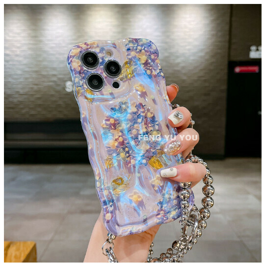 The new mobile phone case is suitable for iPhone 14 promax Apple 13/12 [blue light meridian purple flower + handheld + silver beads lower corner nail crossbody] (contact customer service after placing the order to confirm the mobile phone model)