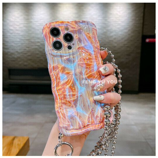 The new mobile phone case is suitable for iPhone 14 promax Apple 13/12 [blue light meridian yellow flower + hand-held + silver beads lower corner nail cross-body] (contact customer service after placing the order to confirm the mobile phone model)