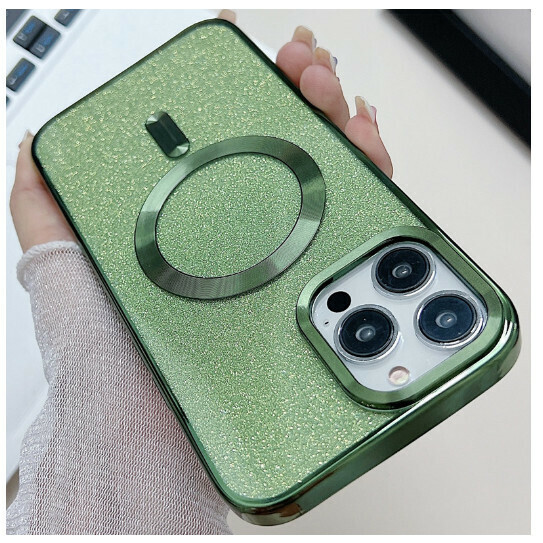 The new mobile phone case is suitable for iphone15pro max [Electroplating Magnetic + Glitter Powder Canngling Green] (Contact customer service to confirm the phone model after placing the order)