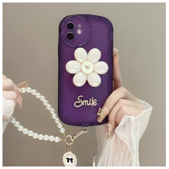 The new mobile phone case is suitable for iPhone14 Apple 13promax [Petal Stand Big Eyes + Pearl Bracelet-Purple] (Contact customer service to confirm the phone model after placing the order)