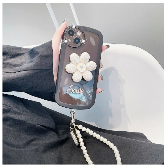 The new mobile phone case is suitable for iPhone14 Apple 13promax [Petal Stand Big Eyes + Pearl Bracelet - Black] (Contact customer service to confirm the phone model after placing the order)