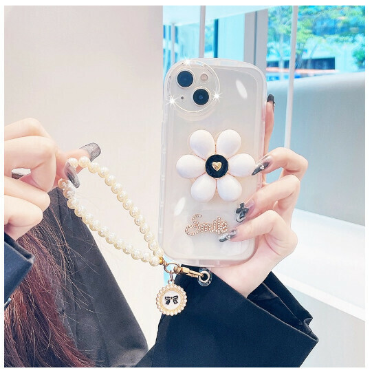 The new mobile phone case is suitable for iPhone 14 Apple 13 promax [petal stand big eyes + pearl bracelet - transparent white] (contact customer service to confirm the phone model after placing the order)