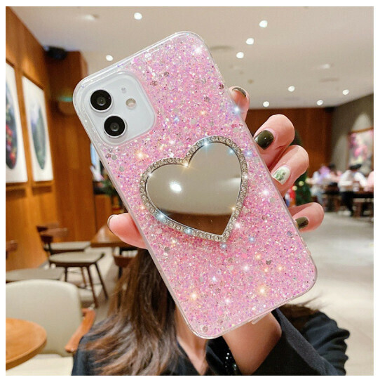 The new mobile phone case is suitable for Apple 13Promax [Glitter Love Mirror-Pink] (contact customer service to confirm the mobile phone model after placing the order)