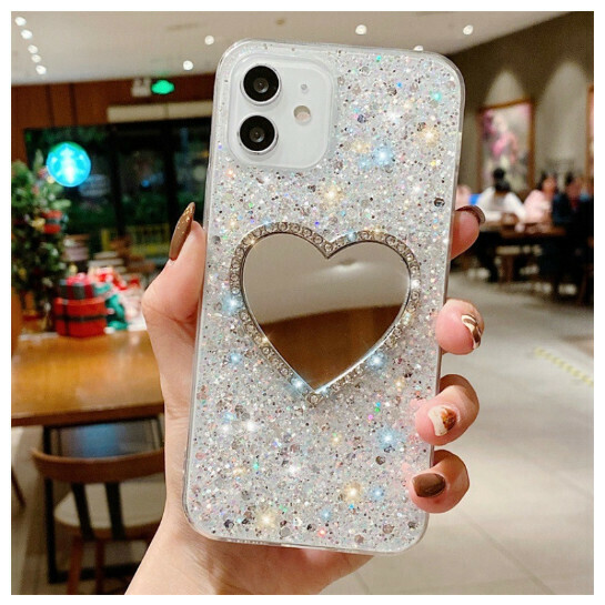 The new mobile phone case is suitable for Apple 13Promax [Glitter Love Mirror-Silver] (contact customer service to confirm the mobile phone model after placing the order)