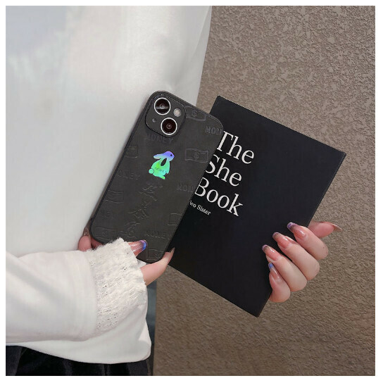 Hot-selling mobile phone case suitable for iPhone14pro max Apple 13 [Black leather, laser rabbit, rabbit suddenly rich] (Contact customer service to confirm the phone model after placing the order)