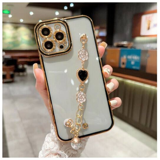 Hot-selling mobile phone case suitable for iPhone 14 Pro Apple 11/13/12 [pupil eye plating + gem love chain - black] (contact customer service to confirm the phone model after placing the order)