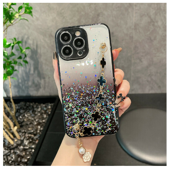 Hot-selling mobile phone case suitable for iPhone 14 and Apple 13pro [black + four-leaf clover bracelet] (contact customer service to confirm the phone model after placing the order)