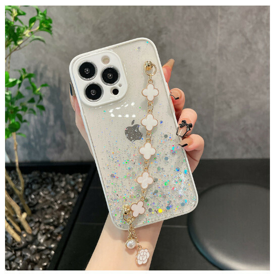 Hot-selling mobile phone case suitable for iPhone 14 and Apple 13pro [white + four-leaf clover bracelet] (contact customer service to confirm the phone model after placing the order)