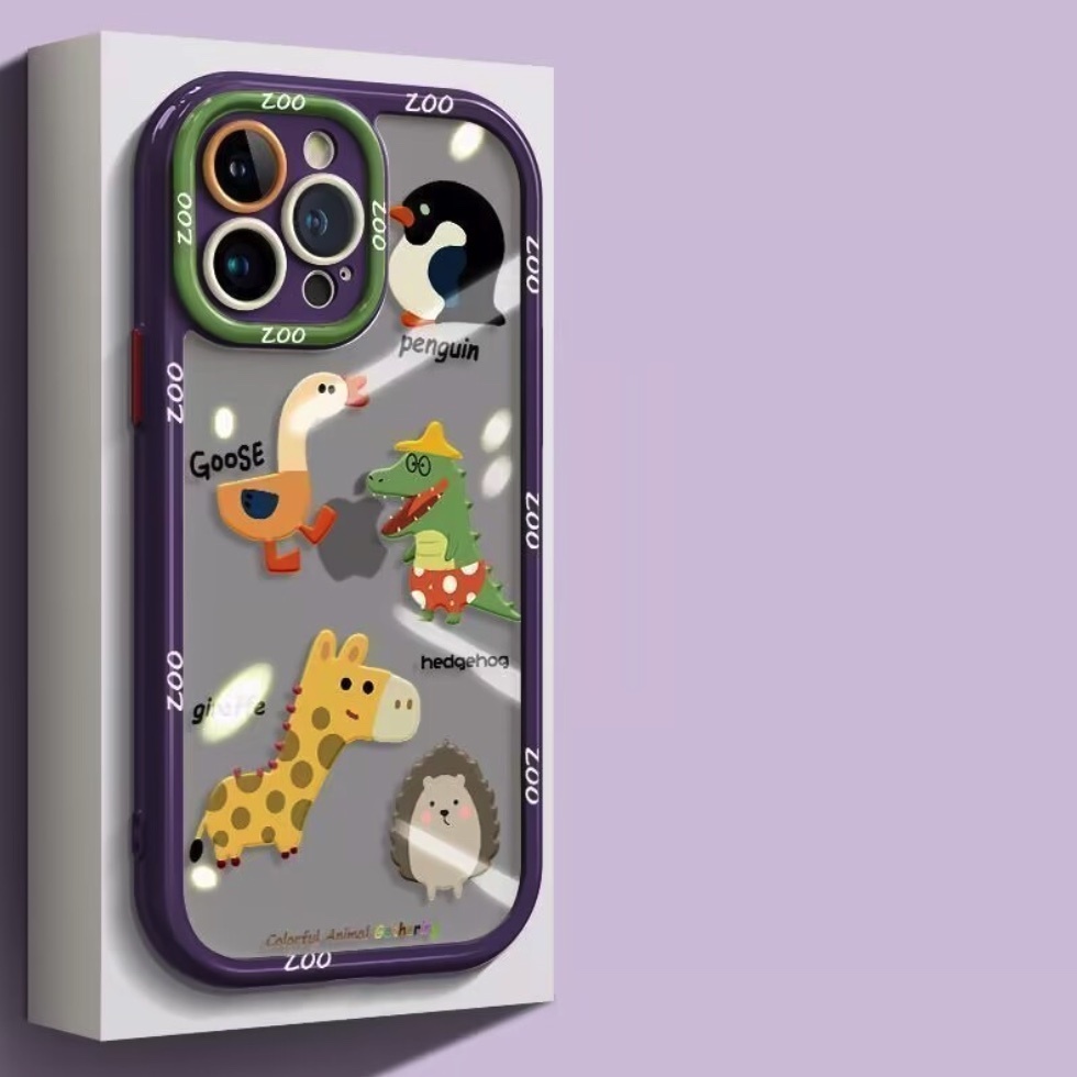 Hot-selling transparent small animals suitable for iPhone series mobile phone cases (Cream Purple Penguin) (contact customer service after placing an order to confirm the phone model)
